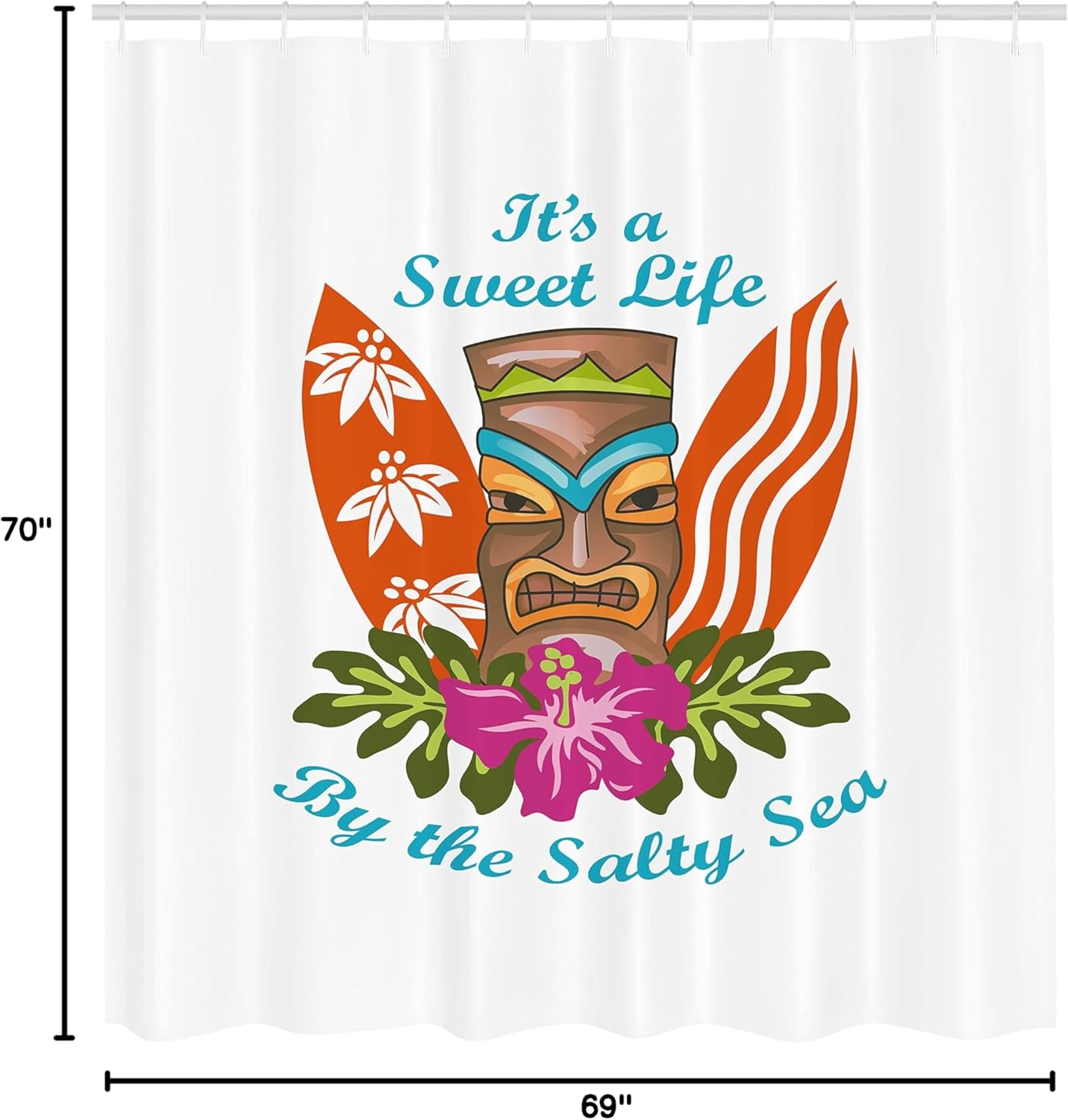 Ambesonne Tiki Bar Shower Curtain, Life by The Salty Sea Typography and Hibiscus Flower Art Print, Cloth Fabric Bathroom Decor Set with Hooks, 69" W x 70" L, Orange Umber Blue