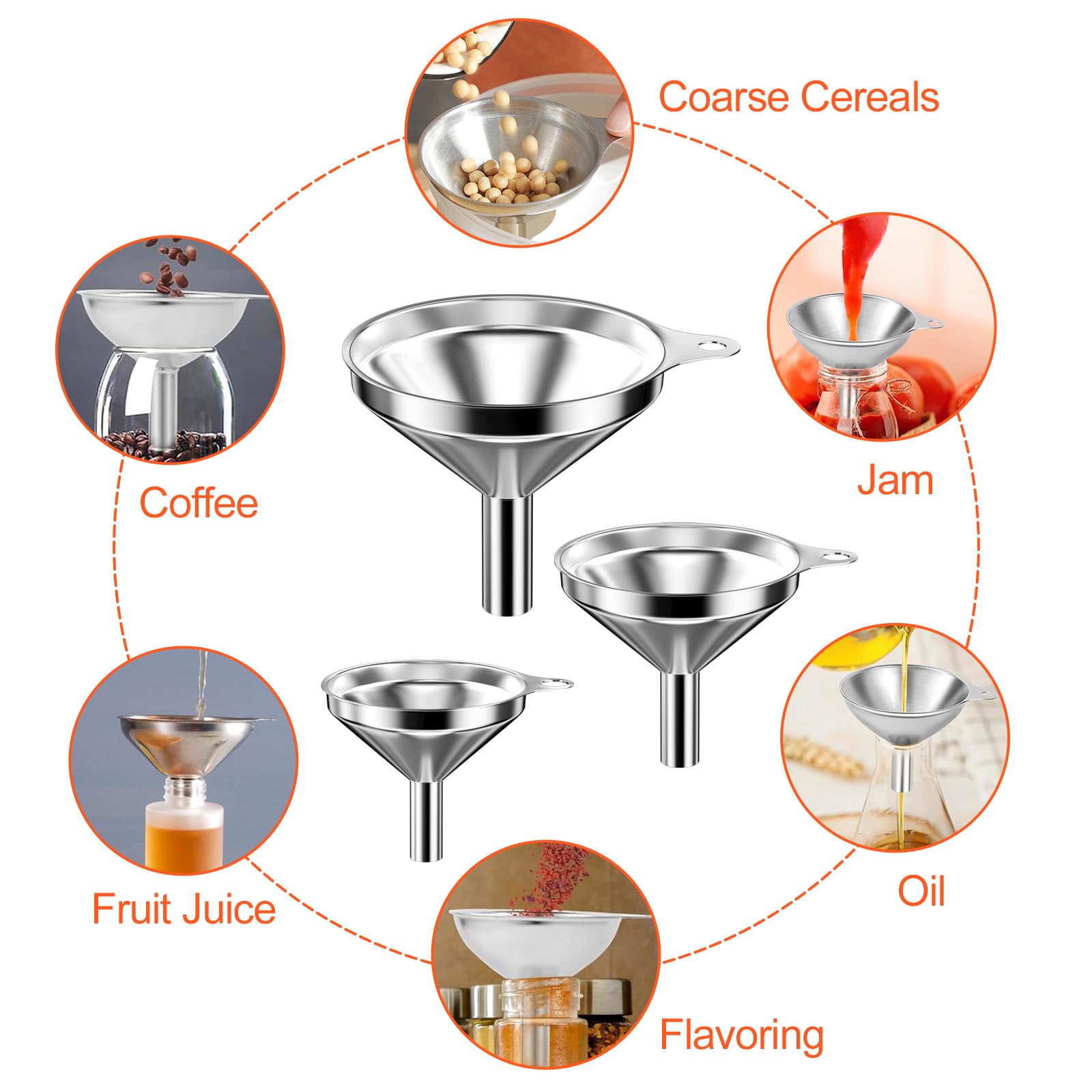 Newpop 3 Piezas Embudo de Cocina, Embudos De Acero Inoxidable con 2 Cepillo de Limpieza, Set de embudos de Cocina 3 Tamaños 4.5/5.5/7.5cm para la Transmisión de Ingredientes Líquidos y Polvos