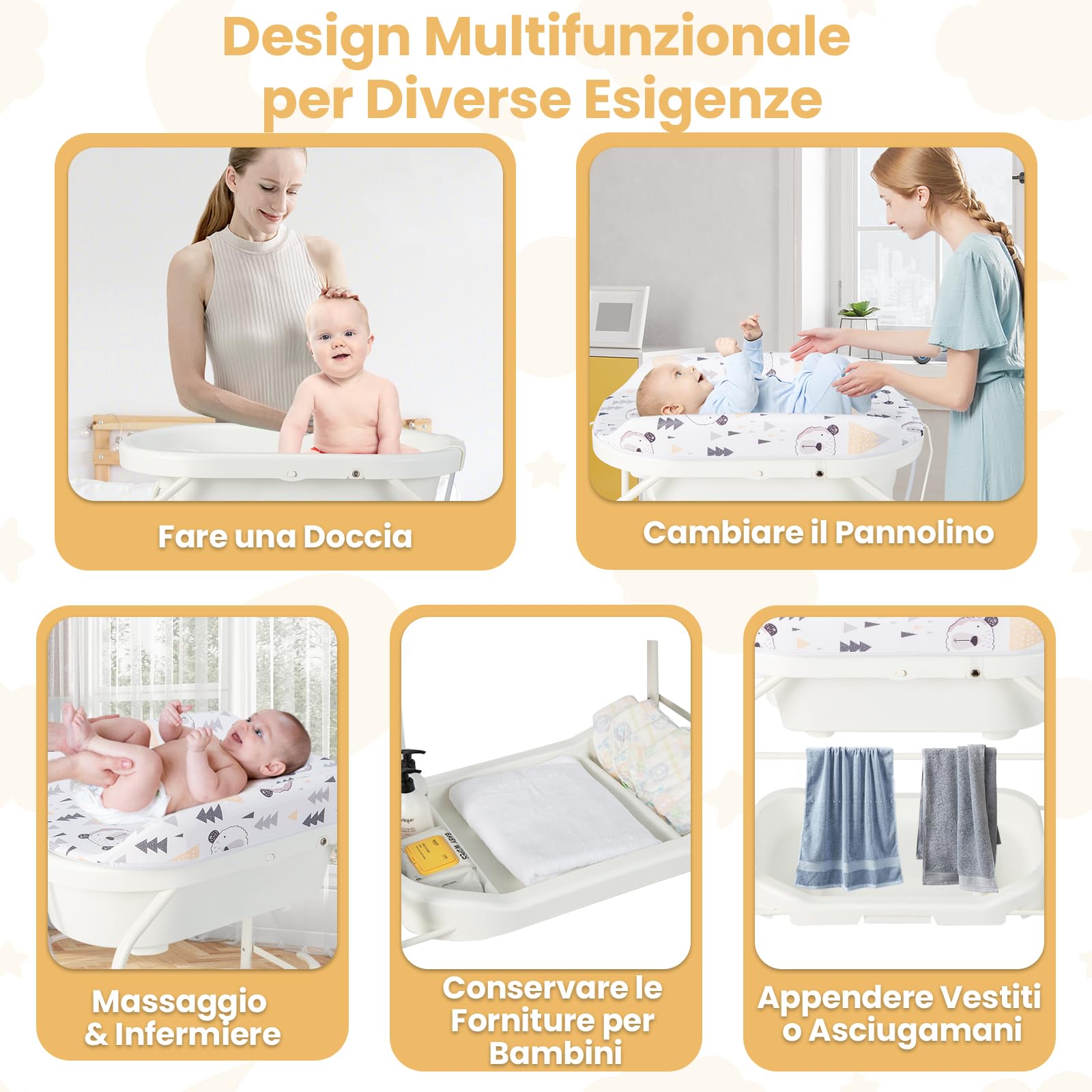 GYMAX Fasciatoio da Bagno per Bagnetto, con Vassoio Portaoggetti, Ruote con Freni, Pieghevole Salvaspazio con Materassino in PVC Ruote, 0-12 Mesi fino a 11kg, 86 x 54 x 104,5 cm (Bianco)