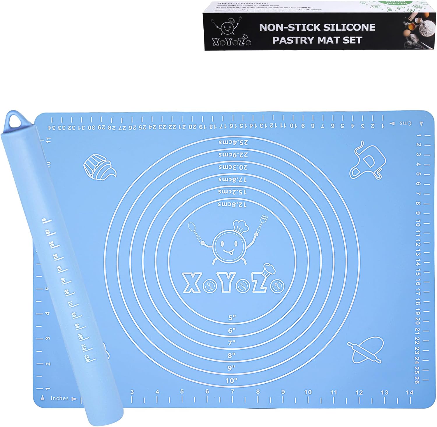 Rolling Pin Dough Roller Non Stick Silicone Baking Mat Set