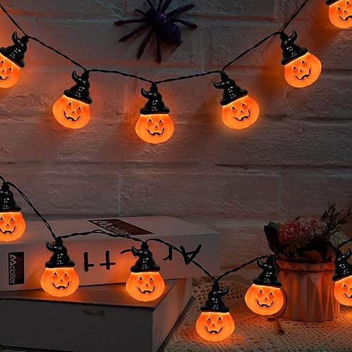 Miniatura 5 de Guirnalda de luces de calabaza de Halloween con sombrero de mago, 8.5 pies, calabazas de Halloween al aire libre, luces decorativas con 10 luces de