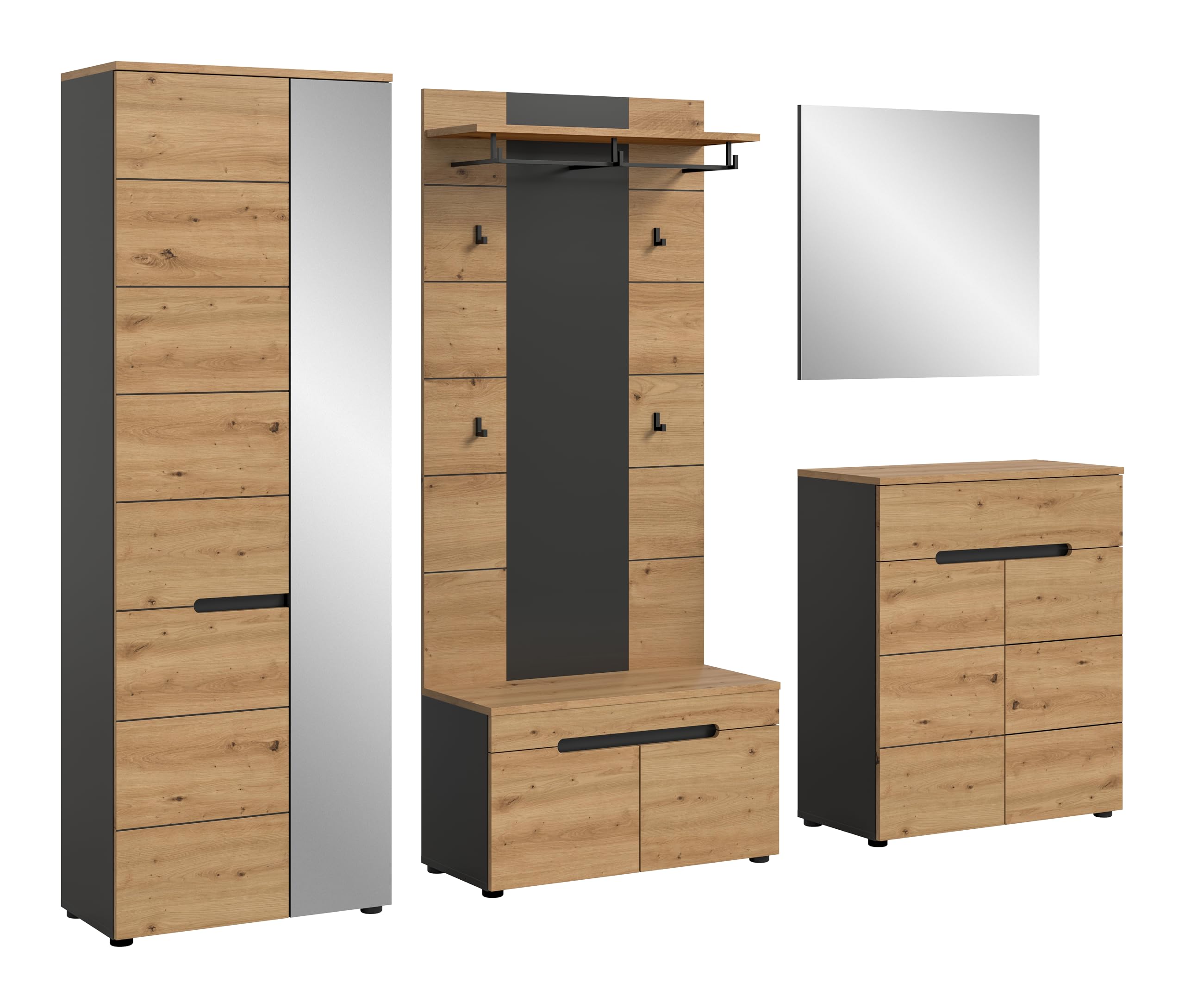 xonox.home - Garderobenkombination Canu 5tlg. 255x190x37 cm in Korpus Basalt grau Nb., Front Artisan Nb. - Garderobenschrank Garderobenmöbel Flurmöbel-Set Flursystem Stauraumlösung