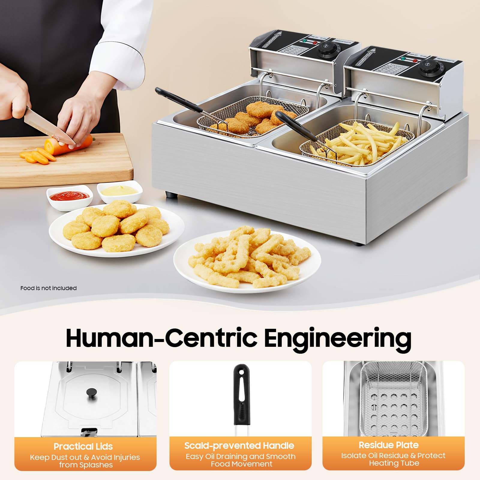Freidora profesional con 2 cestas de 6 litros, 5000 W, freidora eléctrica de doble tanque, freidora doble, de acero inoxidable, freidora de doble tanque para cocina de restaurante