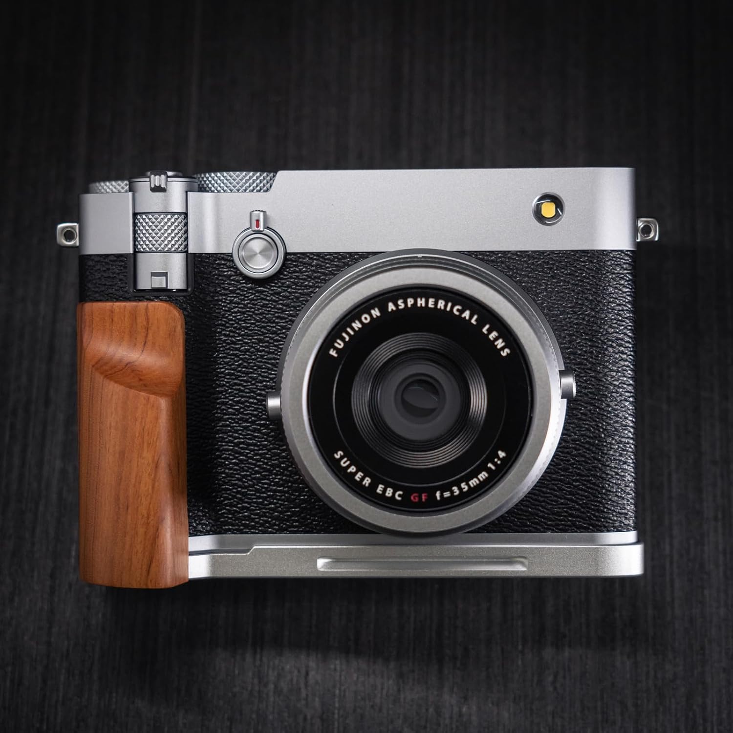 Handmade Wood Hand Grip L Plate Alloy Base for Fu ji Film GFX100RF Camera Holder (Desert Ironwood + Sliver Base)