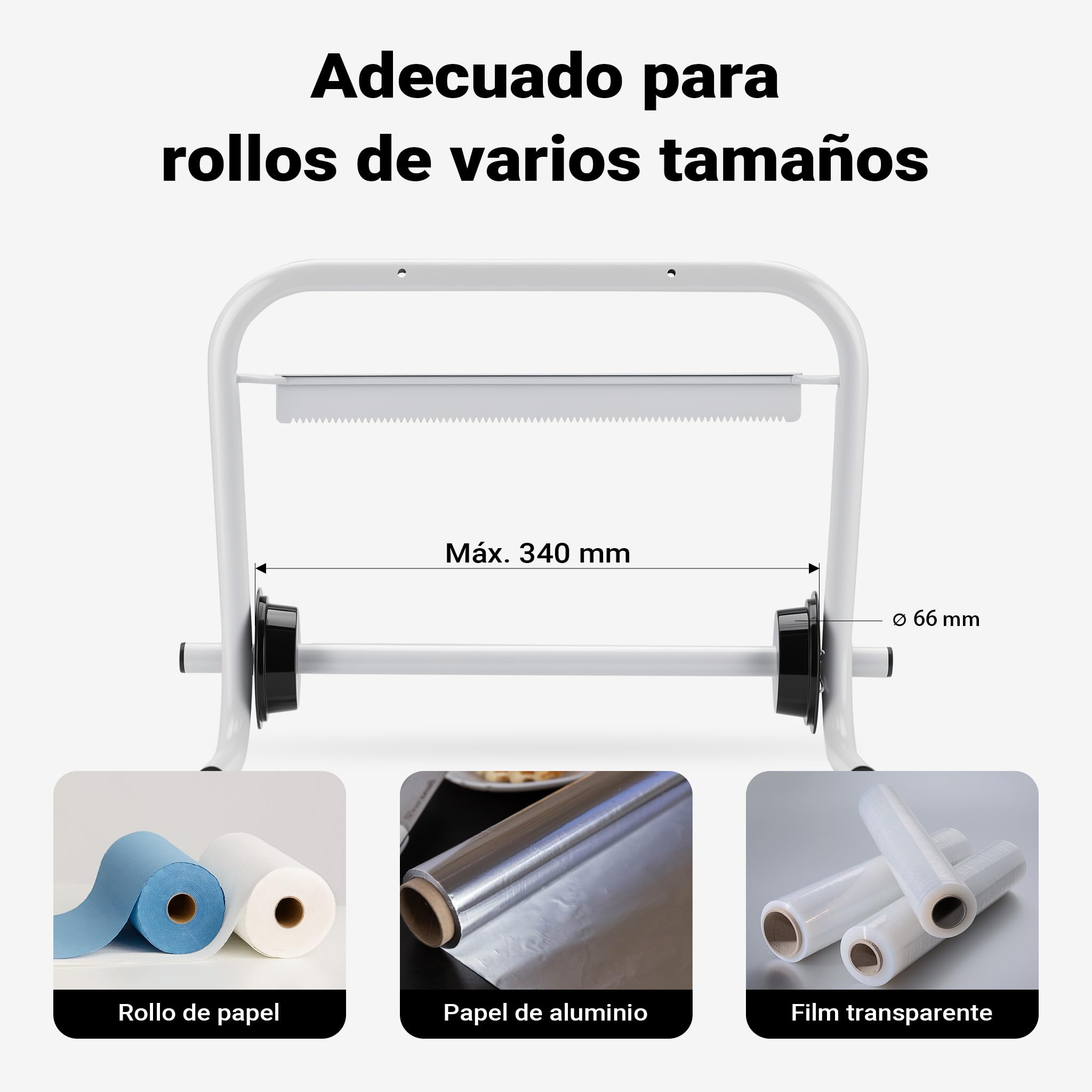 WilTec Portarollos de Pared para Rollos de hasta Ø 40, dispensador de Papel, Film o Papel de Aluminio 310 x 455 x 385 mm, metálico, Ideal para cocinas, talleres u oficinas, Toallas de Papel