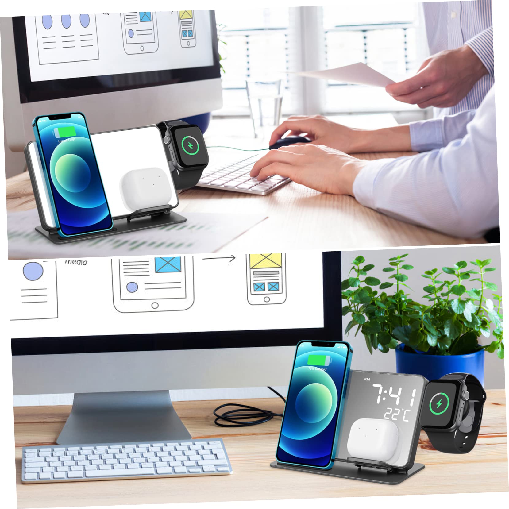 KOMBIUDA Stazione Ricarica Wireless Multifunzione Per Telefono e Orologio Con Display Digitale e Visualizzazione Temperatura