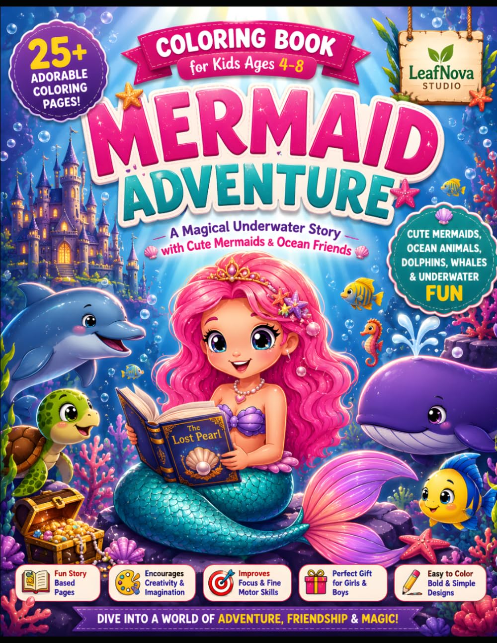Mermaid Adventure Coloring Book for Kids Ages 4-8: Cute Mermaids, Ocean Animals, Dolphins, Whales and Underwater Fun