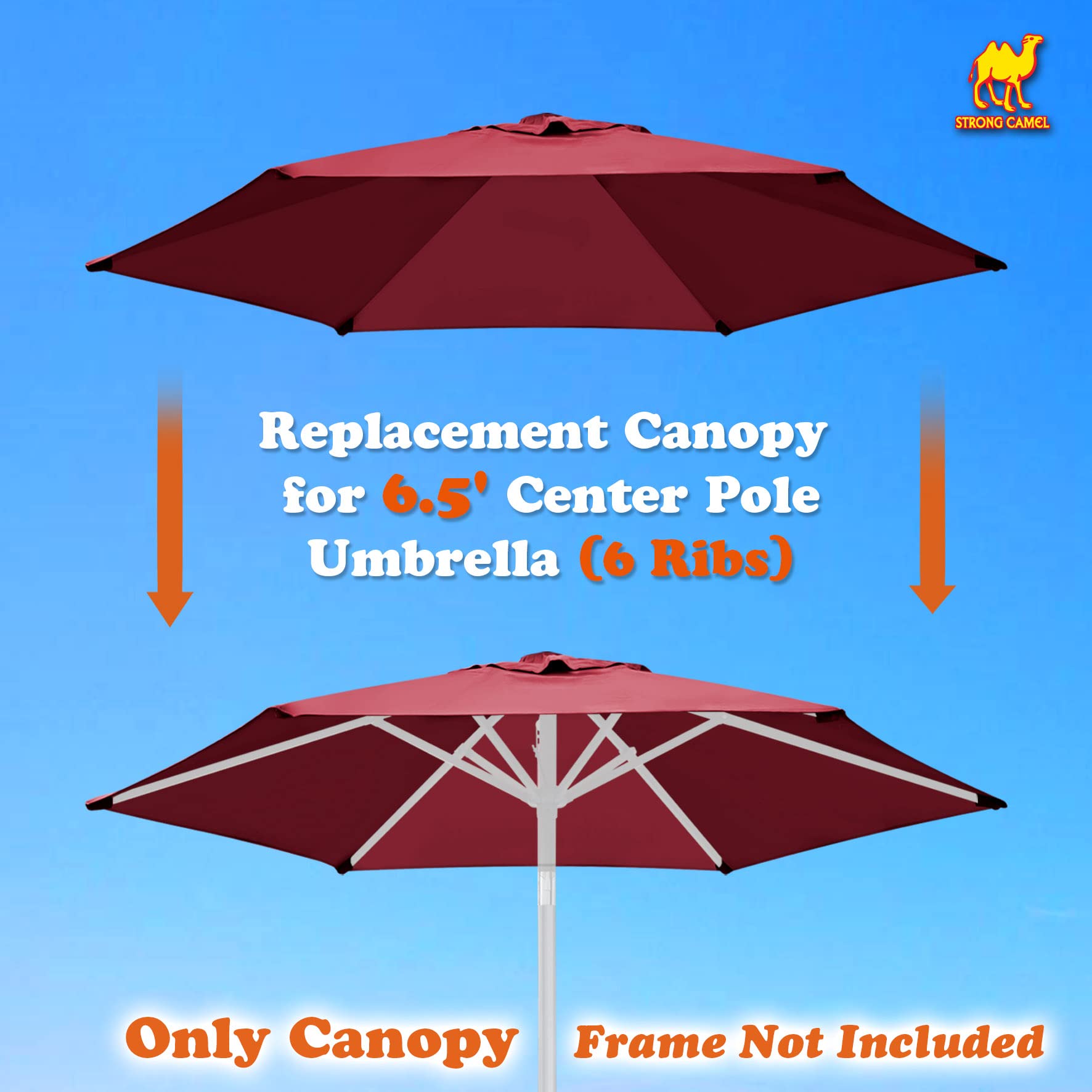 Strong Camel Replacement Umbrella Canopy Cover for 6.5ft 6 Ribs Patio Market Umbrella (CANOPY ONLY) (Burgundy)