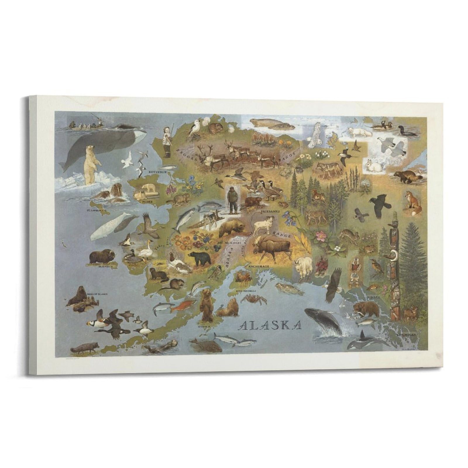 OKAHYS Vintage Travel Poster 1967 Alaska Flora And Fauna Map Decorative Painting Canvas Wall Artworks Picture 20x30inch(50x75cm)