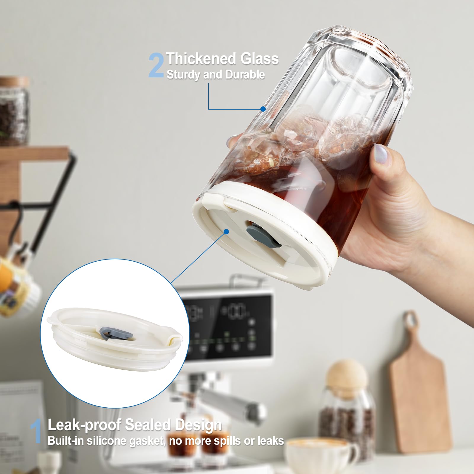 ecooe 430 ml żebrowane szklane kubki z pokrywką i słomką, 2 sztuki, szklane kubki do smoothie, mrożonej kawy, hermetyczne, wodoodporne szklanki do kawy, szklanki do picia soku matcha latte, mleka