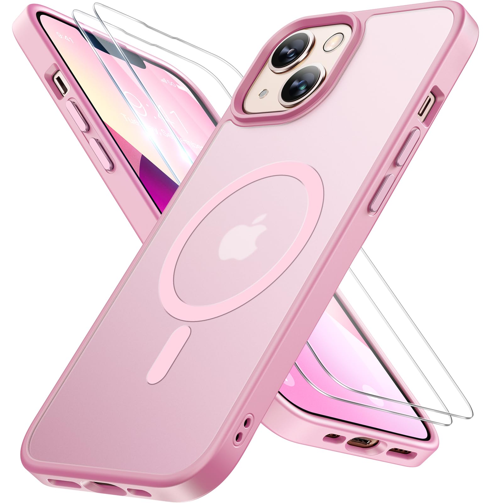Miracase Magnetic for iPhone 13 Case 6.1 inch (Compatible with MagSafe)（with 2X Screen Protectors） Military-Grade Protection, Anti-Fingerprint Translucent Matte Phone Case Cover, Mes Pink