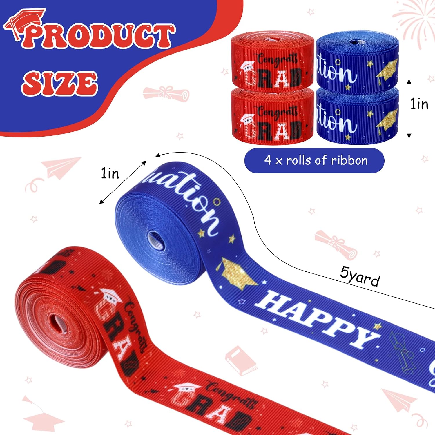 4 Rolls 20 Yards Red and Blue Graduation Grosgrain Ribbons - 1 Inch Congrats Grad Decorations for Gift Wrapping Leis Wreath Money Cake, Happy Graduation Class of 2026 Party Supplies