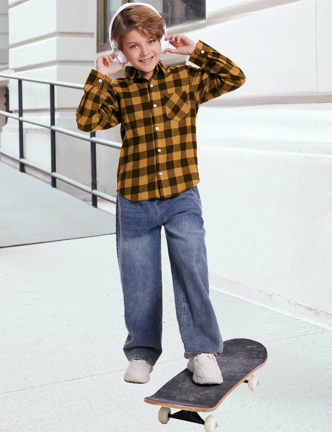 Flygo Boys Girls Long Sleeve Plaid Button Up Shirt Kids Casual Button Down Shirts Tops with Pockets - Image 3