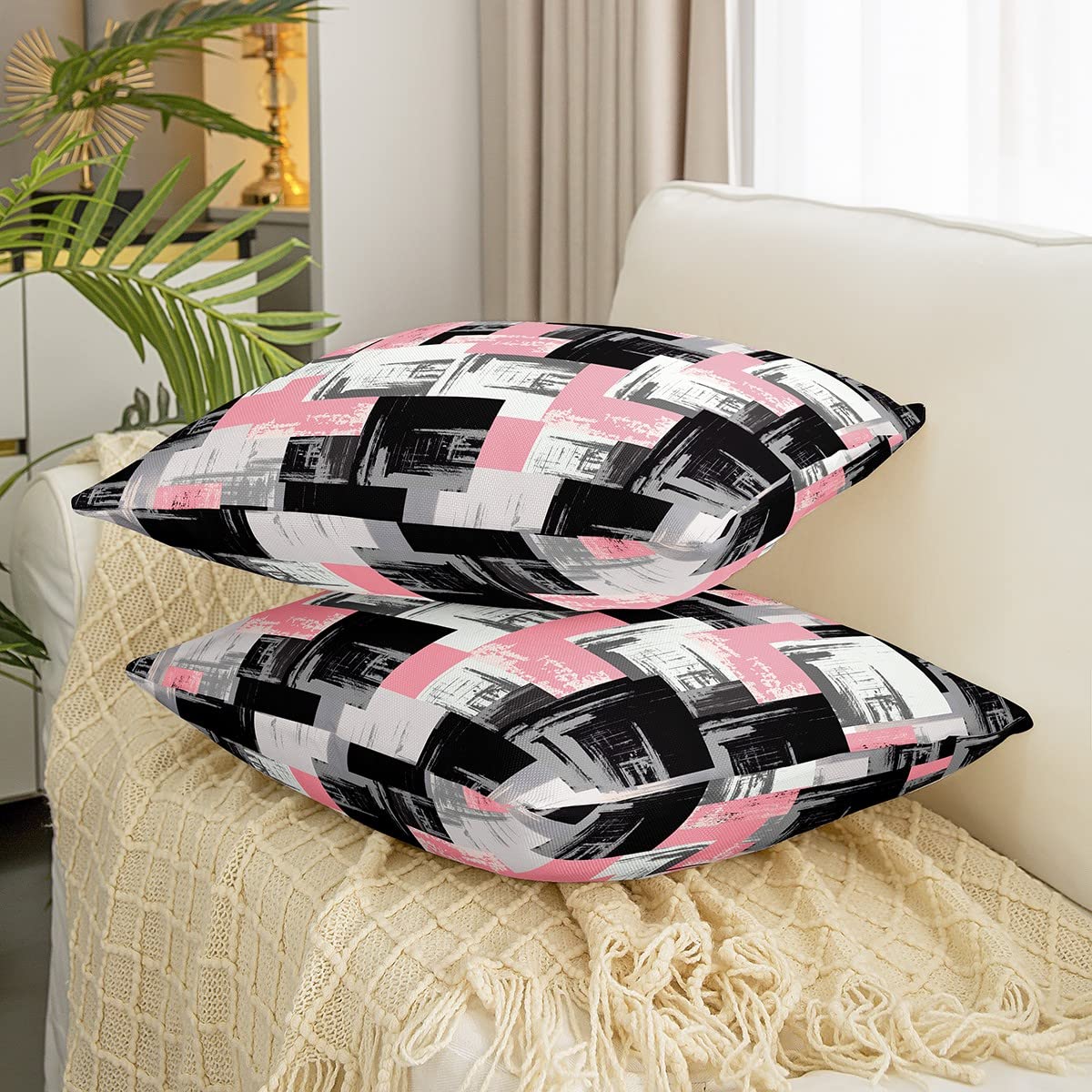 Loussiesd Reversible Throw Pillow Covers Kids Pink Grey Black Buffalo Check Pillow Covers Home Decor for Geometric Square Cushion Covers Set of 2 Modern Abstract Art 20x20 Inch - Image 3