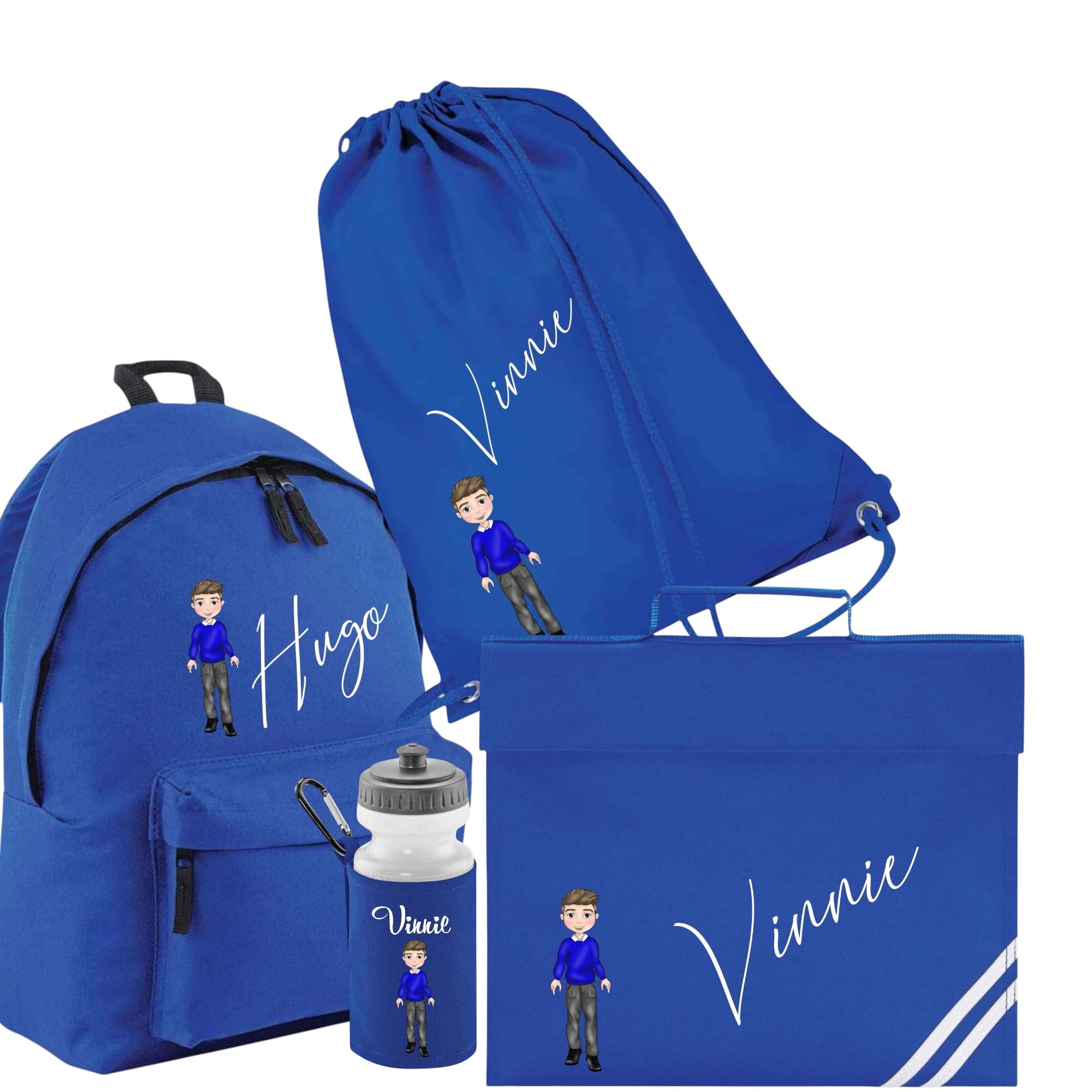 Zaino scolastico personalizzato per ragazzi con nome e personaggio | Include zaino e borsa, colore dei capelli personalizzato, borsa per libri inclusa, bottiglia d'acqua inclusa, set da 4 pezzi
