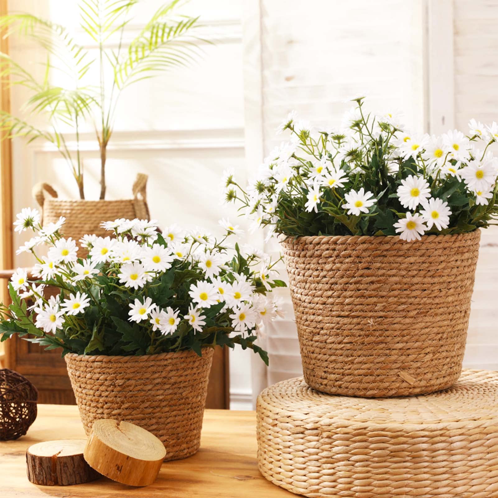 3pcs Cesta para Plantas, Macetero Mimbre, Macetas Decorativas Interior y Exterior, Cesto de jardín Seagrass con Asas, Cesta de Almacenamiento, Diámetro18cm,20cm,25cm