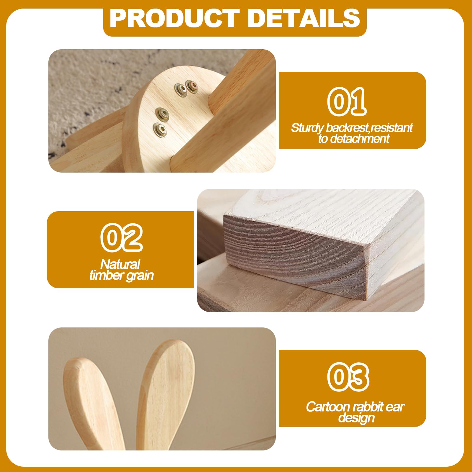 Kinderstuhl Holz mit Hasenohren, Massivholz Kinderstuhl ab 3–6 Jahren, 25 cm Sitzhöhe, rutschfest & stabil, niedlicher Stuhl für Kleinkinder & Vorschulkinder im Kinderzimmer