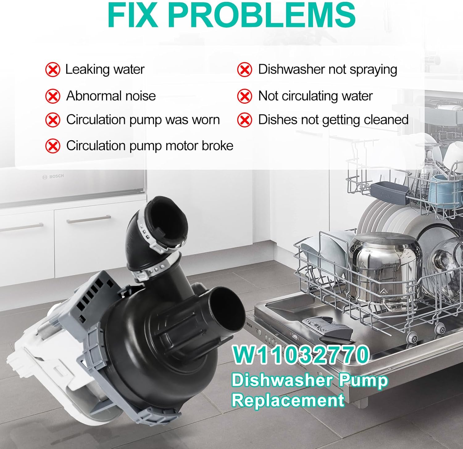 W11032770 Dishwasher Circulation Pump for Whirlpool KitchenAid Kenmore Dishwasher Pump KDTE104ESS3 WDT780SAEM1 WDT780SAEM2 Dishwasher Pump & Motor Replacement Parts W10440715, W10816492, PS11773089