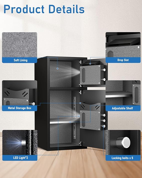 6.0 Cubic Extra Large Home Safe Box Fireproof Waterproof, Digital Home Security Safe Box with Adjustable Shelf & Deposit Slot, Money Safes with Backlit Keypad & Dual Alarm for Home Office