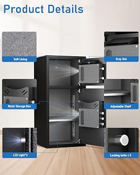 6.0 Cubic Extra Large Home Safe Box Fireproof Waterproof, Digital Home Security Safe Box with Adjustable Shelf & Deposit Slot, Money Safes with Backlit Keypad & Dual Alarm for Home Office