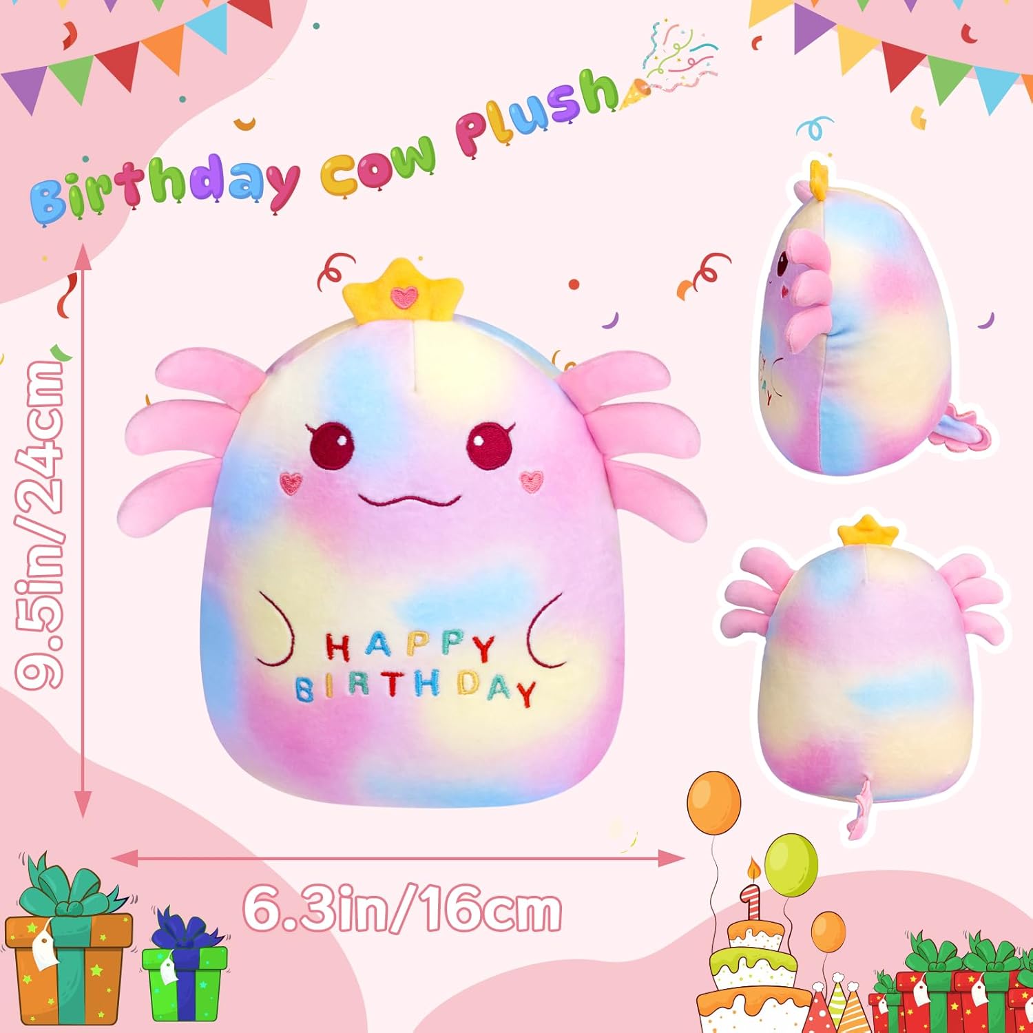 Happy Birthday Gift Axolotl Plush - 9.5 inch Axolotl Stuffed Animal with Crown Cute Plushie Soft Plush Axolotl Decorations Birthday Gift for Kids Girls Boys Adults