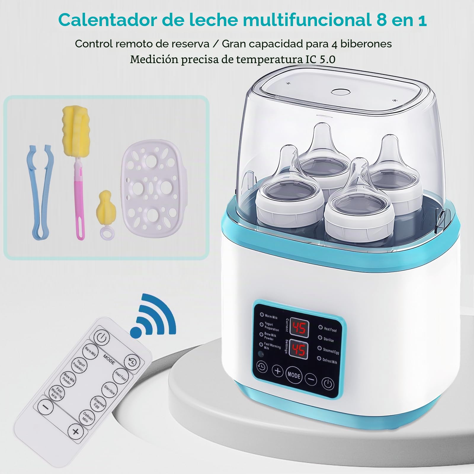Calentador de biberón 8 en 1 para bebé, esterilizador de biberones, temperatura ajustable con pantalla LCD, para 4 biberones o frascos, apagado automático, con mando a distancia (azul)
