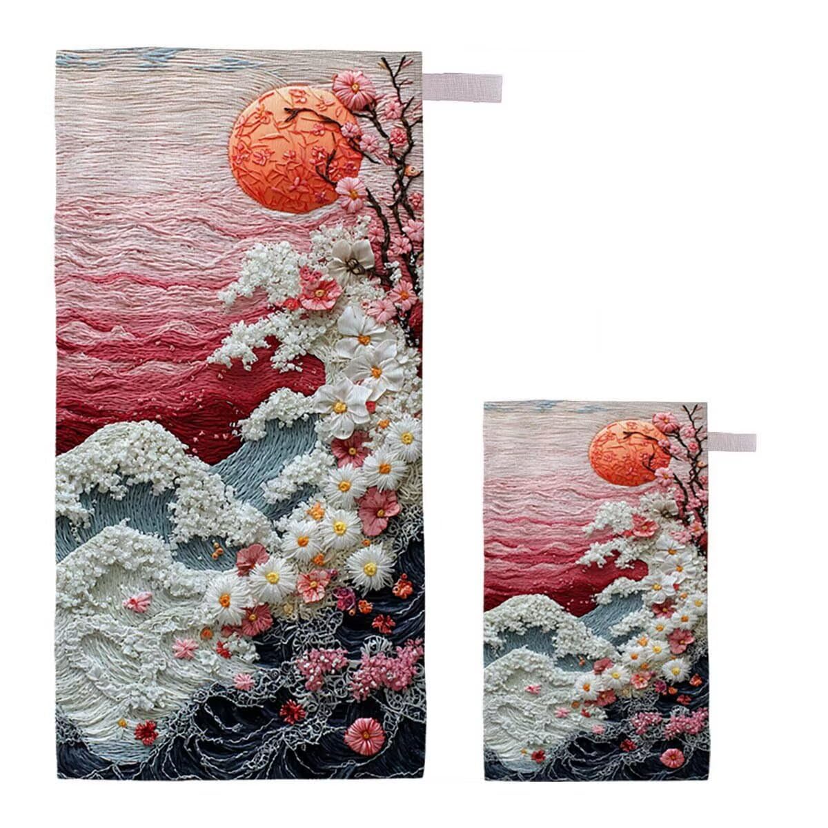 Toalla de Playa Grande 220x100cm/35x70cm, Juego de 2 Toalla Microfibra XXL de Antiarena, Toallas Playa Suave Ligera, Absorbente Secado Rápido, Beach Towel Viaje, Regalo Mujer Hombre (Paisaje) A-70