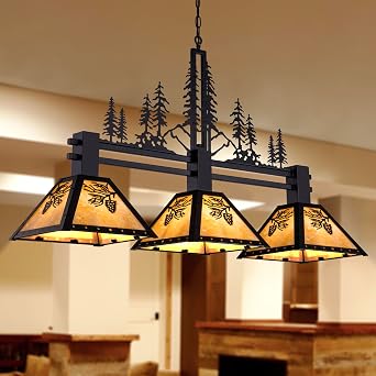 TOCHIC 3-Light Pool Table Light for 7 8 9 Table, 48" Rustic Tiffany Billiard Pool Table Lights, Farmhouse Chandelier for Dining Room Hanging Ceiling Light Fixture for Game Room Basement Bar