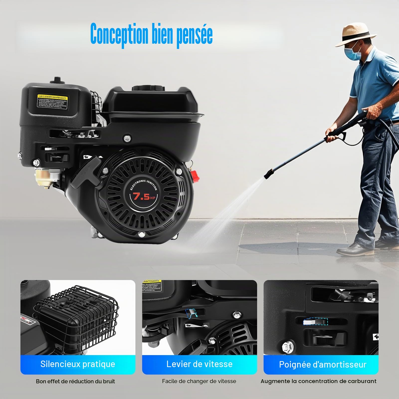 Moteur à essence 7,5 CV 212 cm³, 4 temps, moteur kart, arbre de 20 mm | 3600 tr/min, refroidissement par air, moteur d'entraînement
