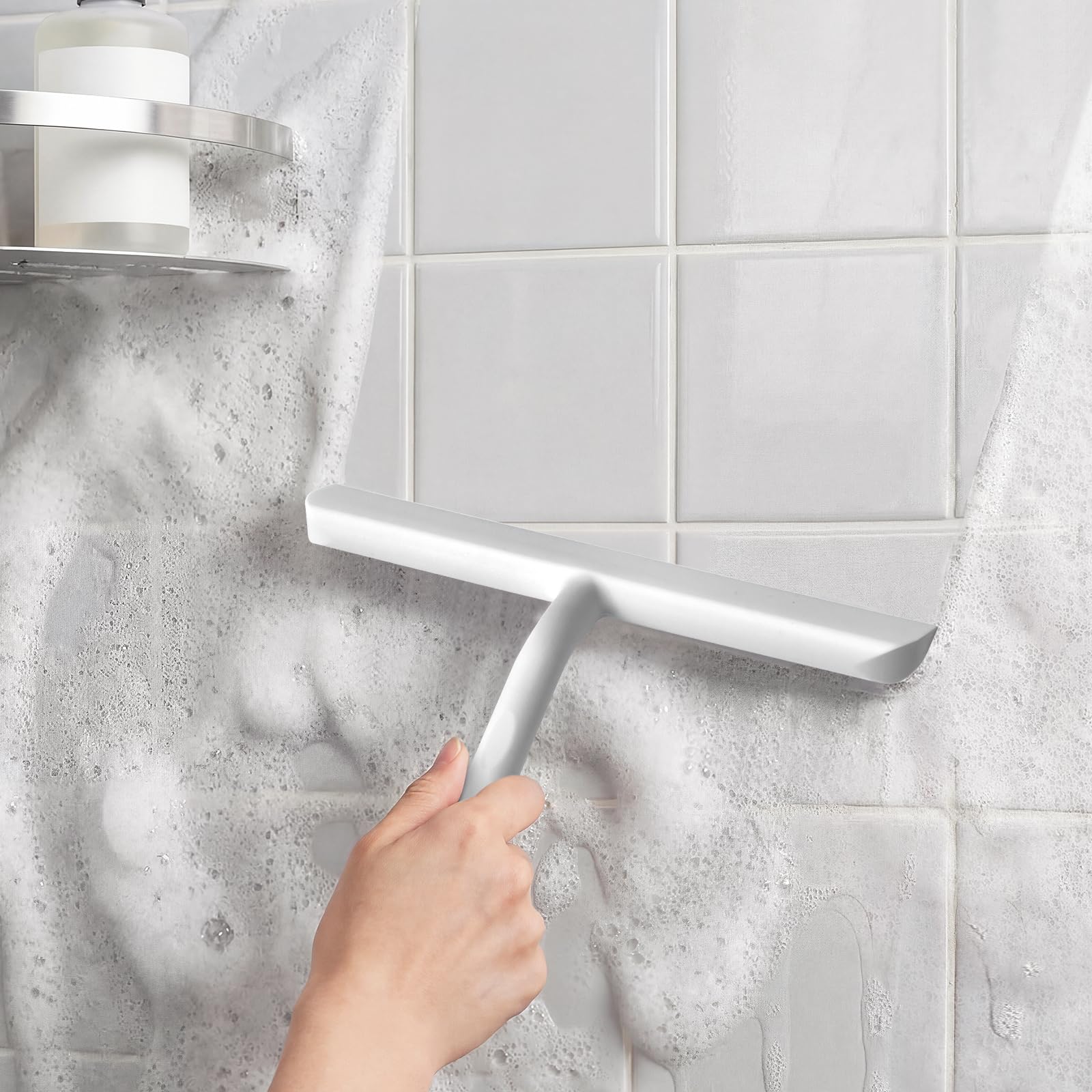 Vinabo Rasqueta Limpiacristales de Silicona para Ducha con Soporte, 21cm, Limpia Mamparas, Espejos y Ventanas sin Dejar Rayas, Diseño Ergonómico Antideslizante, Blanco