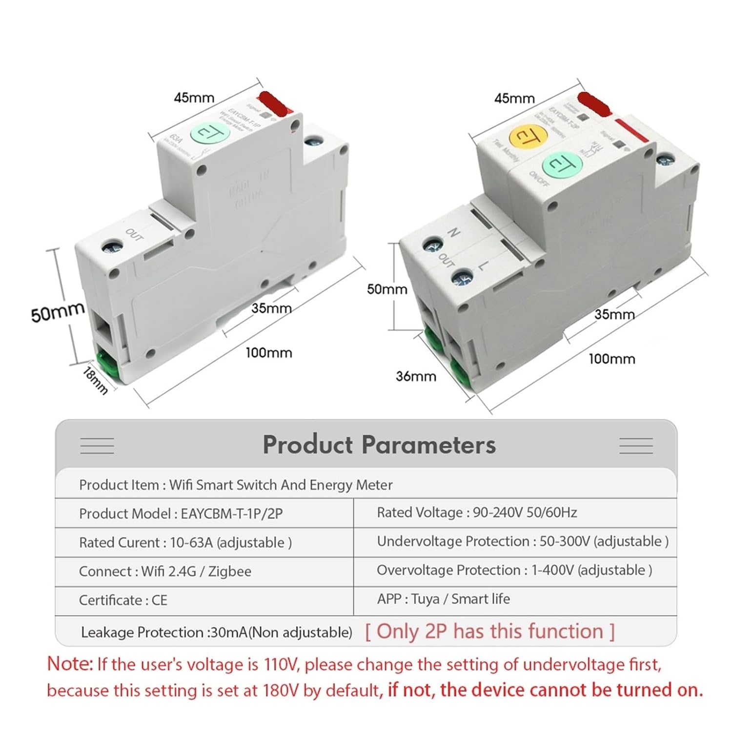 1PCS 1P 2P WiFi Smart Energy Power Consumption kWh Meter Circuit Breaker time Relay Switch Leakage Protection (Size : WiFi 1P, Color : 10A)