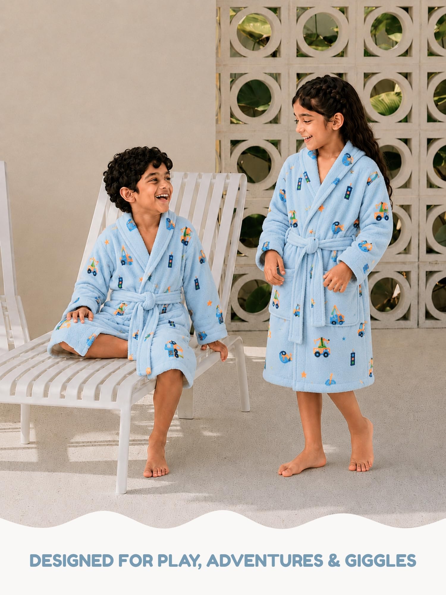 RANGOLI Premium Kids Unisex 100% Cotton Terry Hooded Bathrobe for Boys & Girls in 400 GSM with Full Sleeves, Knee Length & Elegant Printed Design (Blue-13 to 14 Years) 1