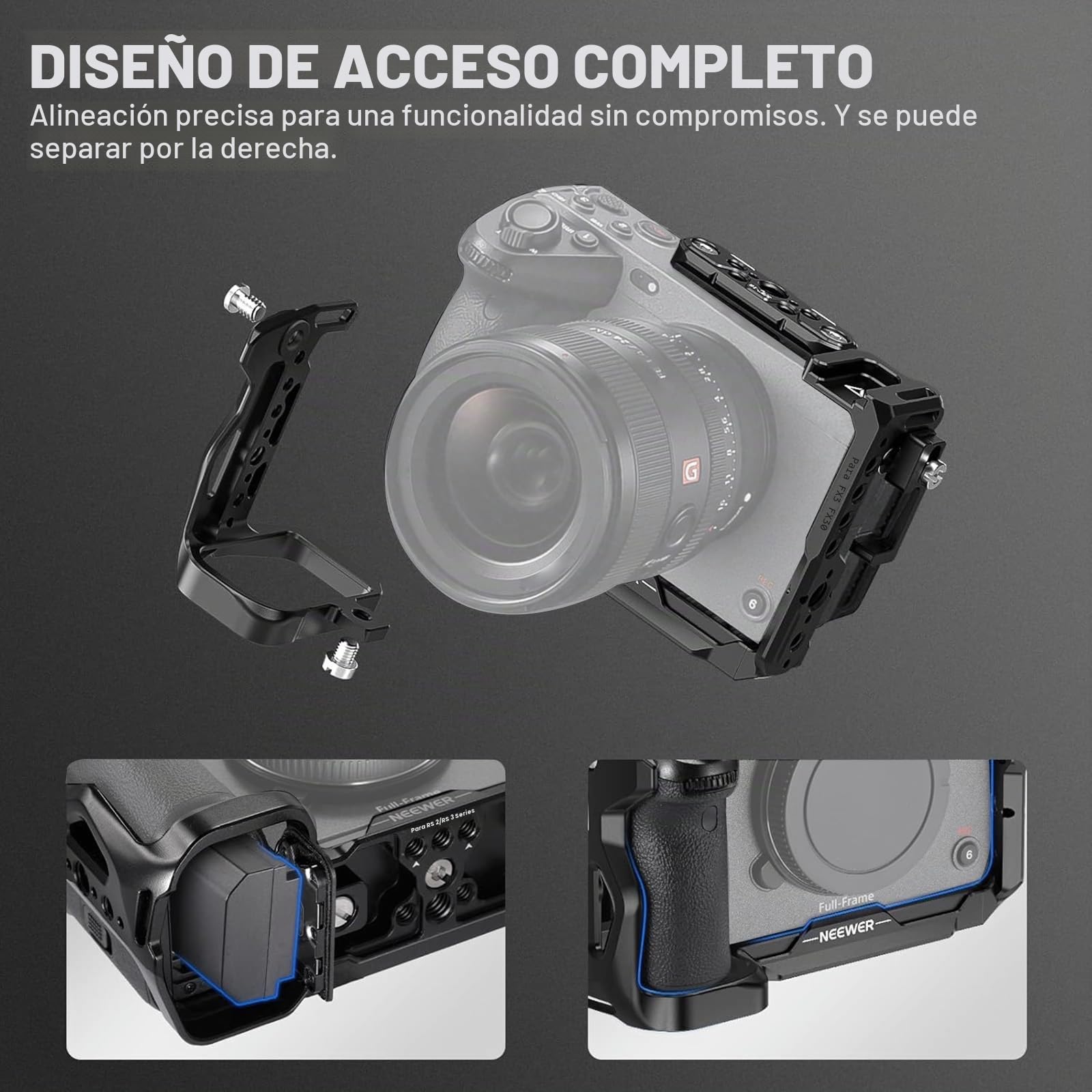 NEEWER FX3/FX30 Jaula con HDMI Cable Clamp, Riel NATO, Agujeros de Posicionamiento ARRI de 3/8", 1/4" Roscas, Compatible con Sony FX30 FX3 Original XLR Handle,Compatible con DJI RS3 RS2 Gimbal, CA011