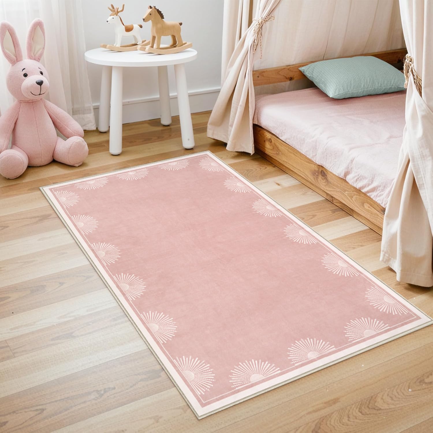 Hedlive Modern 3x5 Pink Rugs for Bedroom Girls,Ultra Thin Nursery Rug for Girls Room, Sun Printed Non Slip Washable Area Rug,Soft Non Shedding Throw