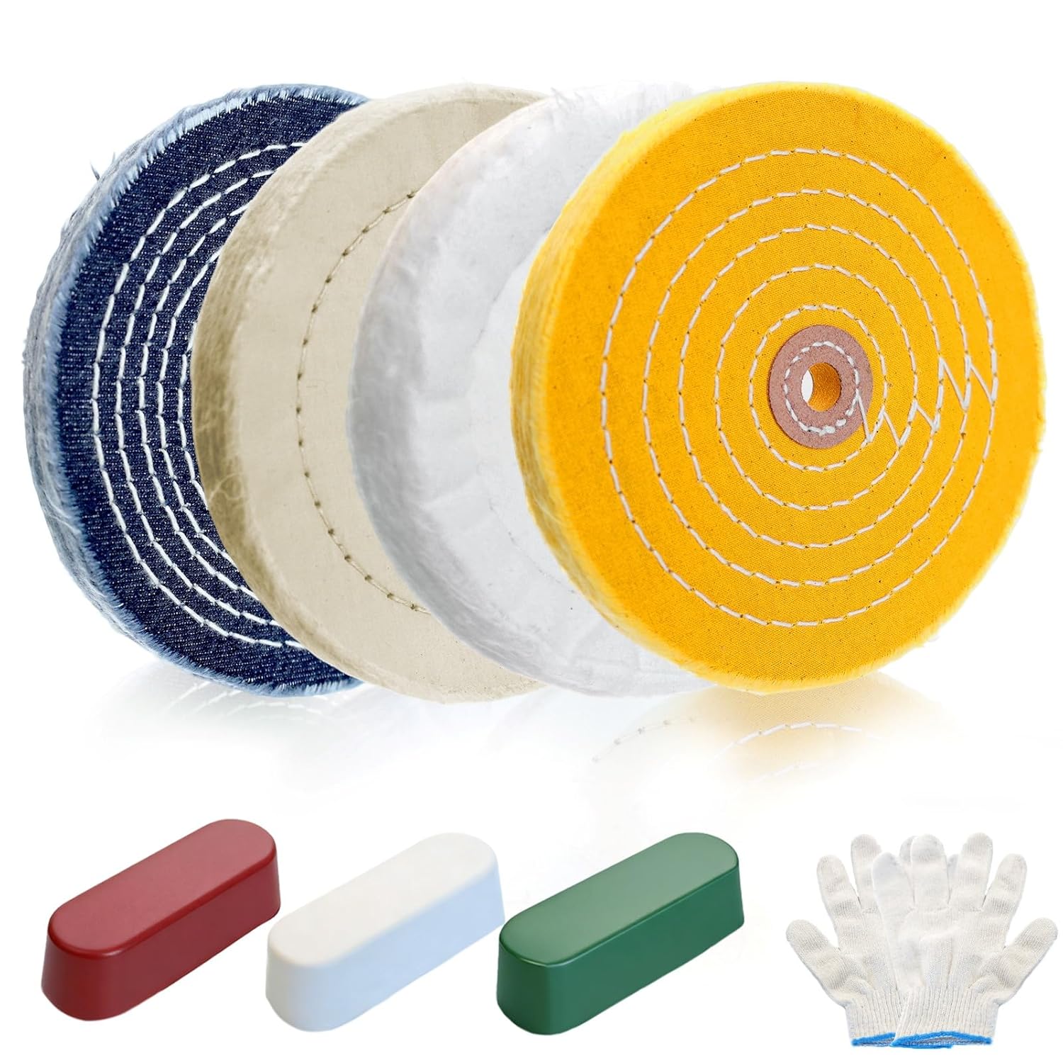 8Pcs 6 Inch Polishing Buffing Wheel Kit for Bench Grinder,1/2" Arbor Hole Buffing Wheels with 3 Polishing Compound and Gloves for Metal,Stainless Steel,Jewelry,Wood,Glass,Ceramic and Other Surfaces