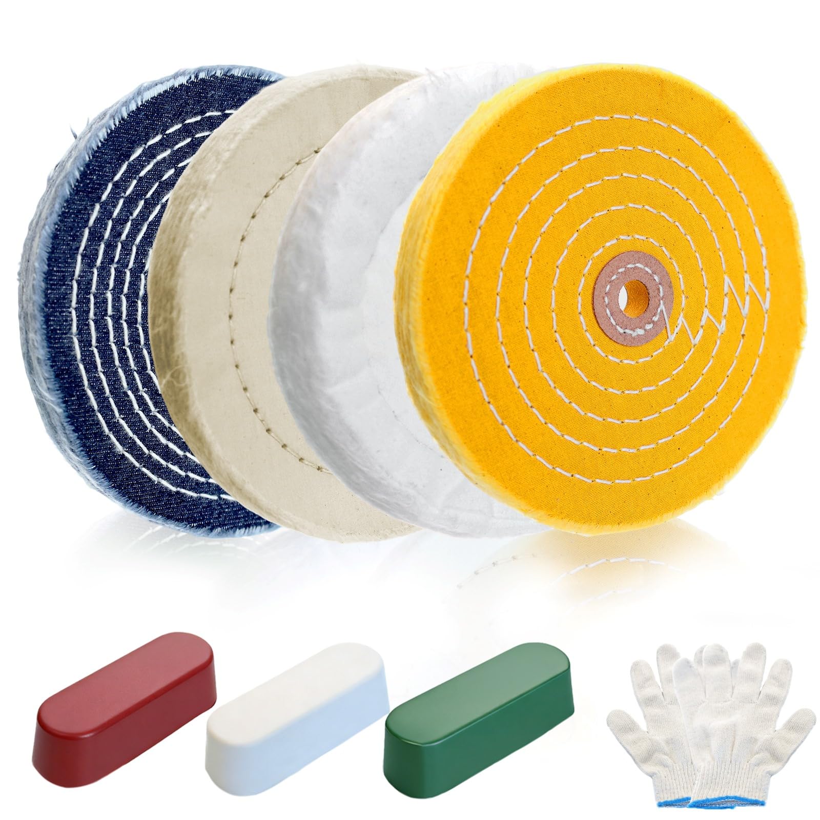 8Pcs 6 Inch Polishing Buffing Wheel Kit for Bench Grinder,1/2" Arbor Hole Buffing Wheels with 3 Polishing Compound and Gloves for Metal,Stainless