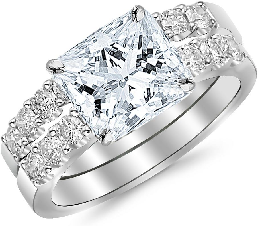 Houston Diamond District 2.01 CTW Princess Cut Classic Prong Set Bridal Set With Wedding Band and Diamond Engagement Ring, K Color I2 Clarity, 1 Ct Center