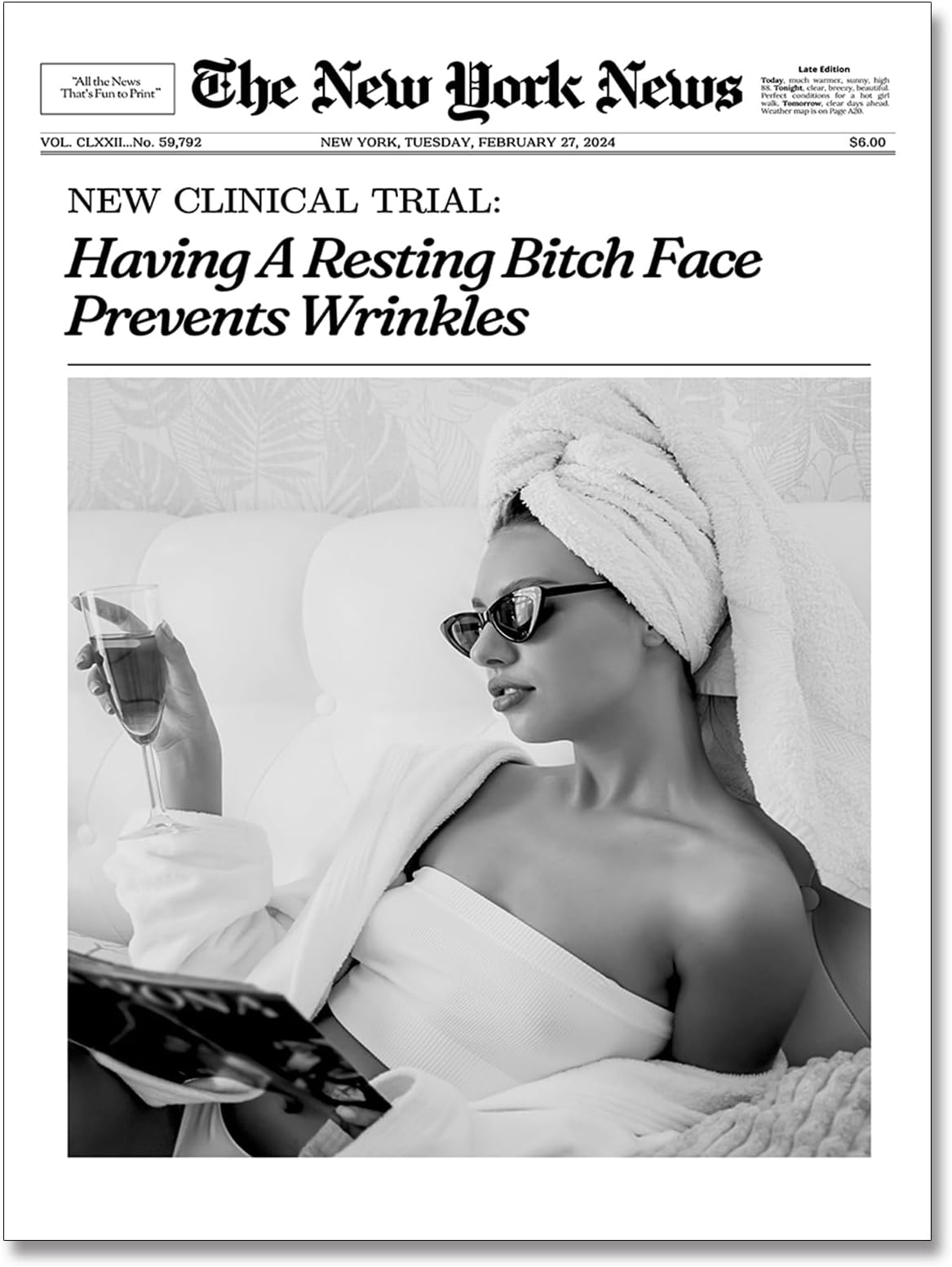 FIHFCBCV Hot Girls Drinking Champagne Trendy Newspaper Print,New York News Humor Quotes Wall Art,Trendy Girly Wall Art,Bar Cart Vintage Poster,It Girl Dorm Decor 12x16in Unframed