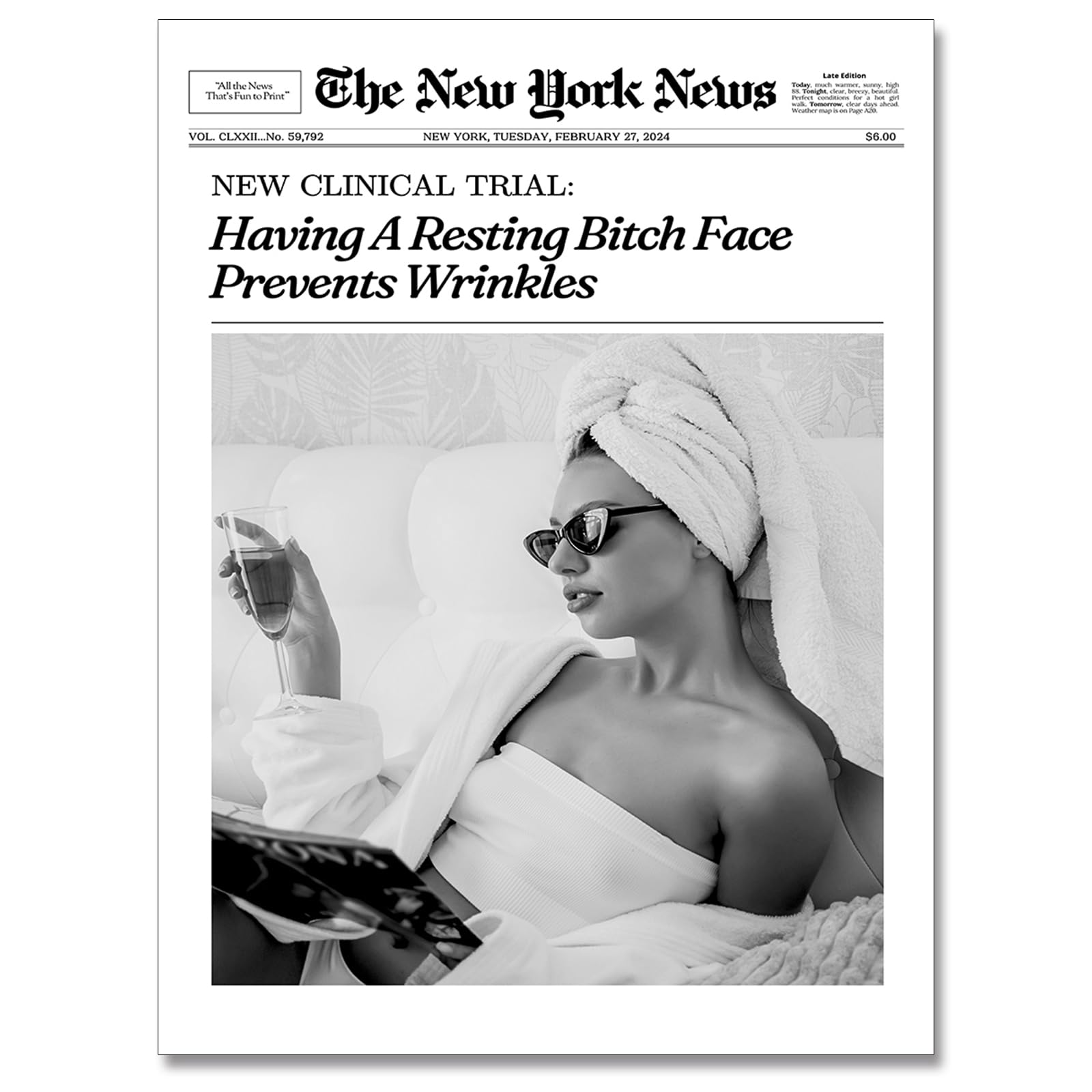 FIHFCBCV Hot Girls Drinking Champagne Trendy Newspaper Print，New York News Humor Quotes Wall Art，Trendy Girly Wall Art，Bar Cart Vintage Poster，It Girl Dorm Decor 12x16in Unframed