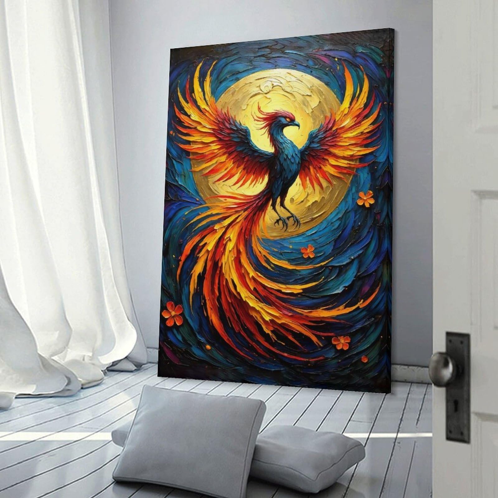 Junmoney Frame-Style-17 Majestic Phoenix Rising Vibrant Impasto Oil Painting Of Fire And Rebirth Canvas Wall Decor, 16X24inch(40X60cm), For Wall Displays, Bedrooms Or Room Updates, Wall Decor Suited To Curated Displays