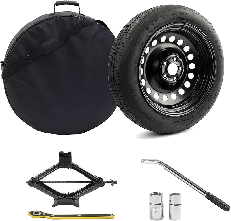 Spare Tire Kit Compatible with 2018-2024 Kia Forte, 2021-2026 Hyundai Elantra - Includes 17x4 Rim, T125/80R17 Spare Wheel, 24.9” Rolling Diameter, Includes car Jack kit and tire Carrying Case