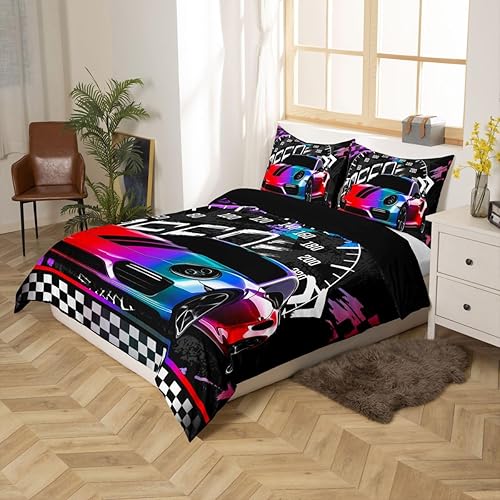 Vista 107 de Juego de ropa de cama de coche de carreras, avión, negro, gris, blanco, funda de edredón de coche deportivo de velocidad para niños, adolescentes