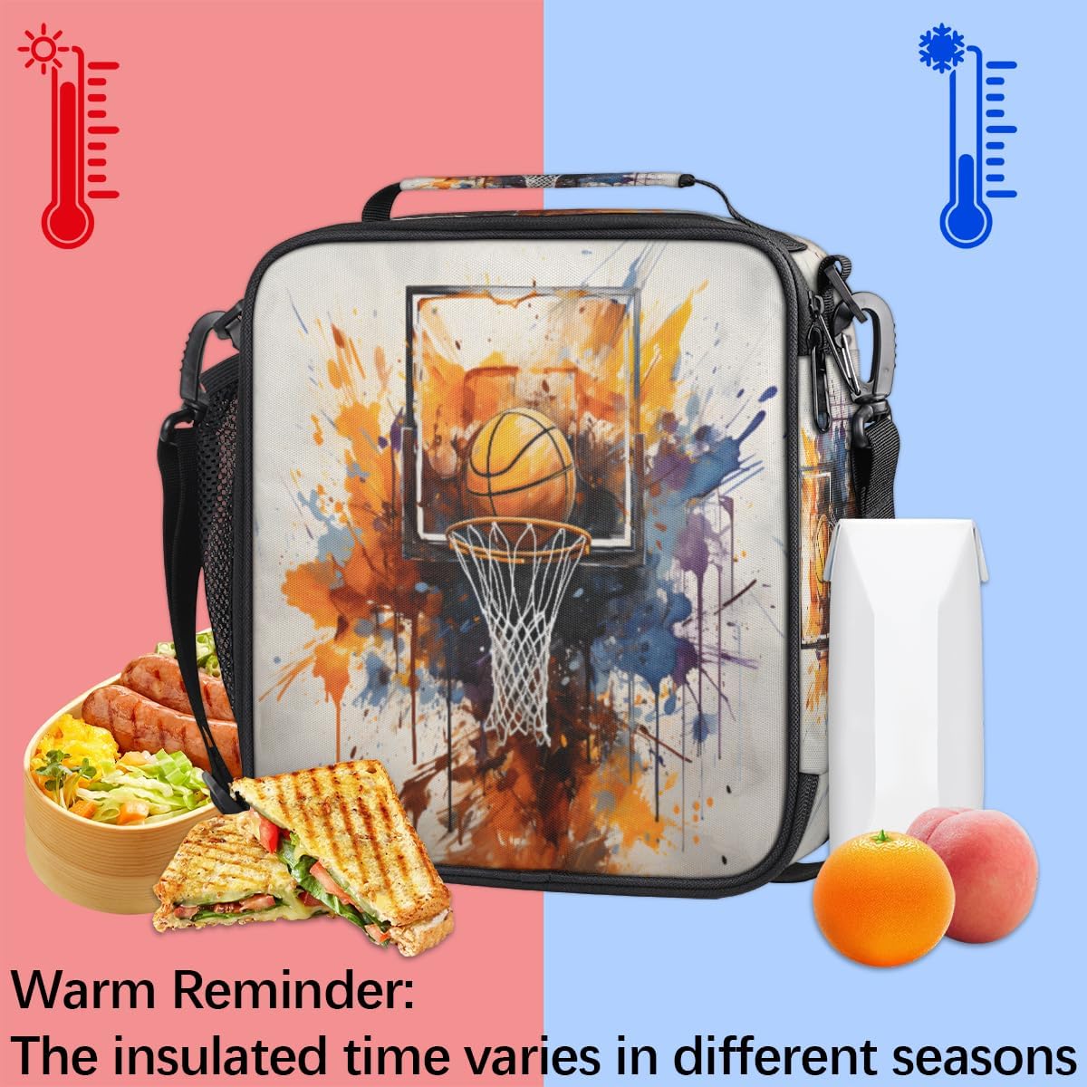 Pardick Lunch Box for Kids Watercolor Sport Basketball Lunch Bag for Girls Boys Insulated Freezable with Adjustable Shoulder Strap, Cooler Tote Bag for School Travel Picnic Beach - Image 6