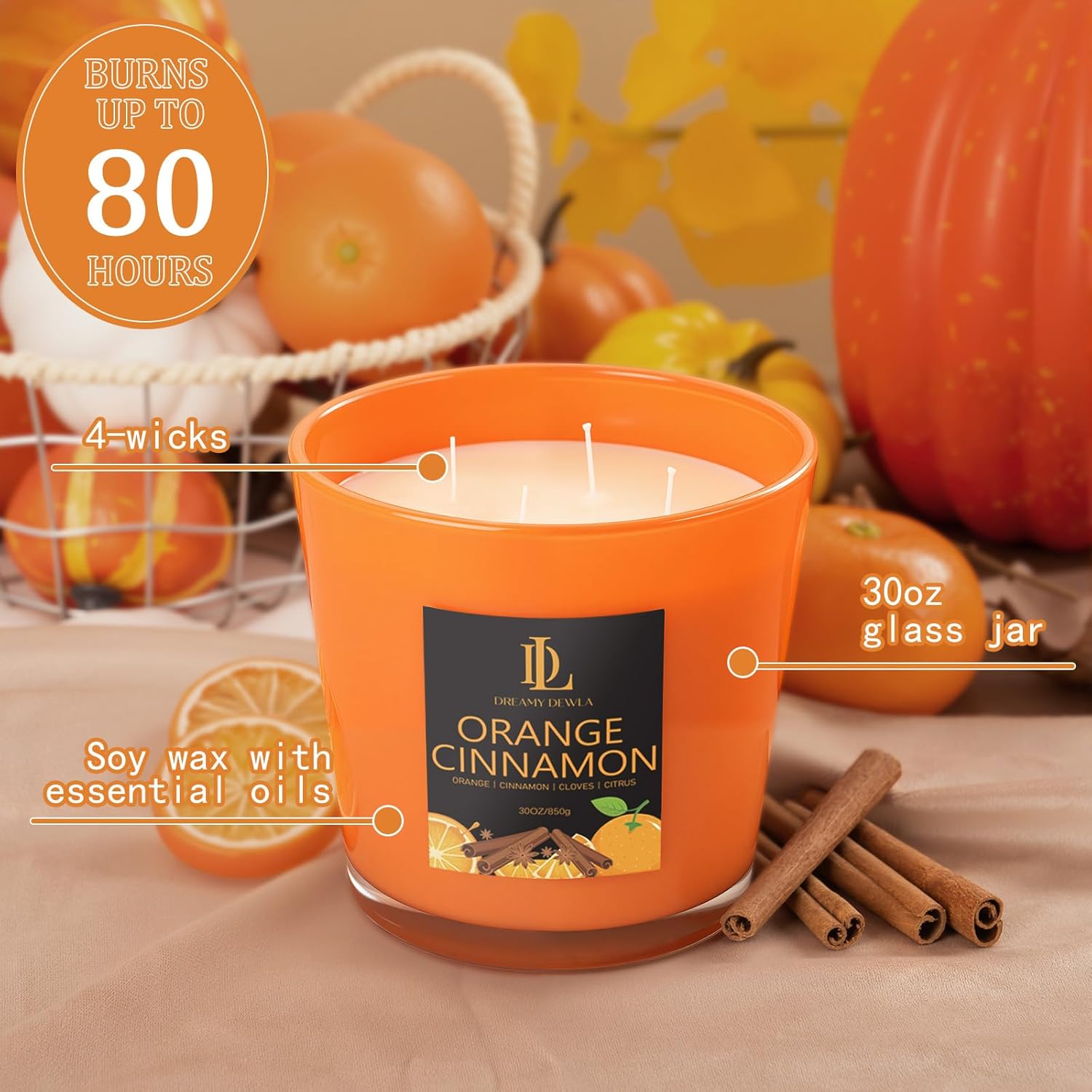 Large Fall Candle Orange Cinnamon Scented, 4 Wick Natural Soy Candles for Home Scented, 30oz Big Autumn Candle Long Lasting, Home Aromatherapy Candles Housewarming Gift for Women Men - Image 3
