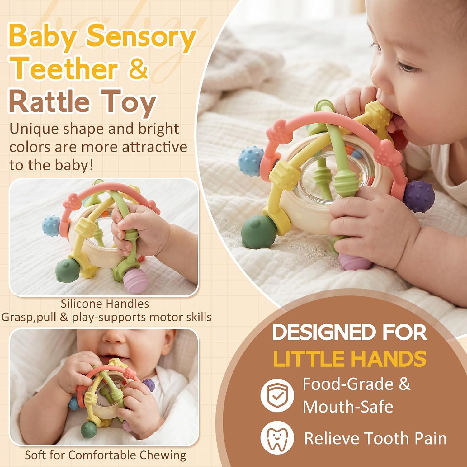Baby Rattle Ball Sensory Toys - Silicone Baby Teether Teething Toys Over 3 Months - BPA Free Newborn Infant Toddler Toys Baby Shower Gifts