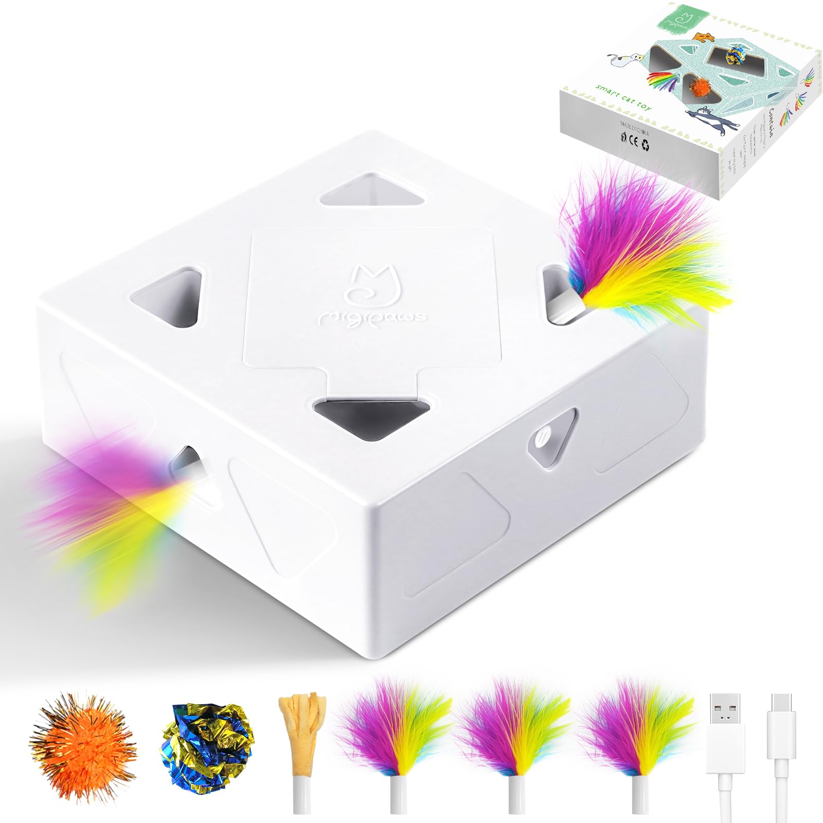 Migipaws Giocattolo per gatti, 3 in 1 giocattolo interattivo automatico con 7 fori per topi, giocattolo stimolante ultra divertente per gatti domestici, ricaricabile tramite USB, 4 piume