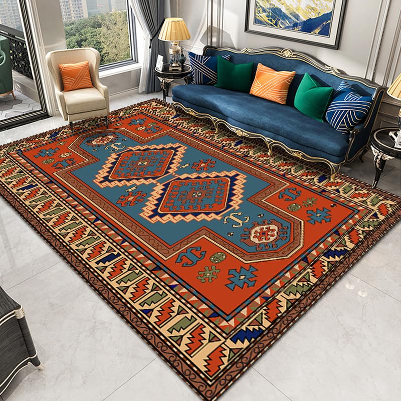 Alfombra para dormitorio y comedor de estilo tradicional geométrico azul naranja