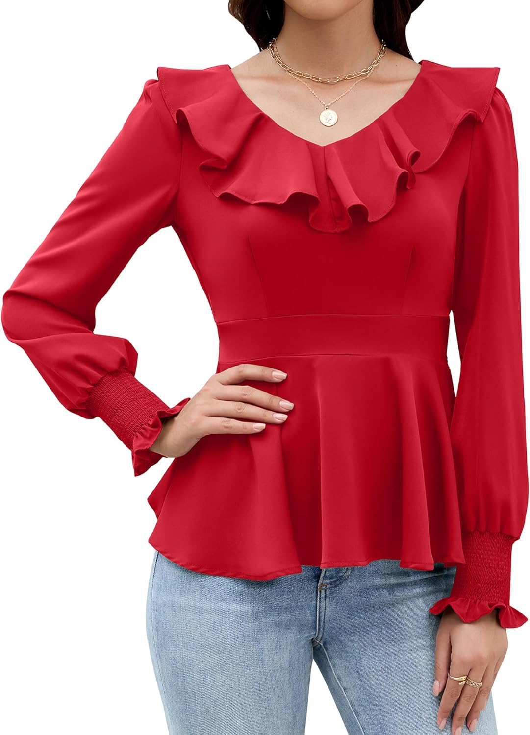 Womens Dressy Casual Blouses Long Sleeve V Neck Ruffle Tops Ladies Fall 2025 Work Shirt