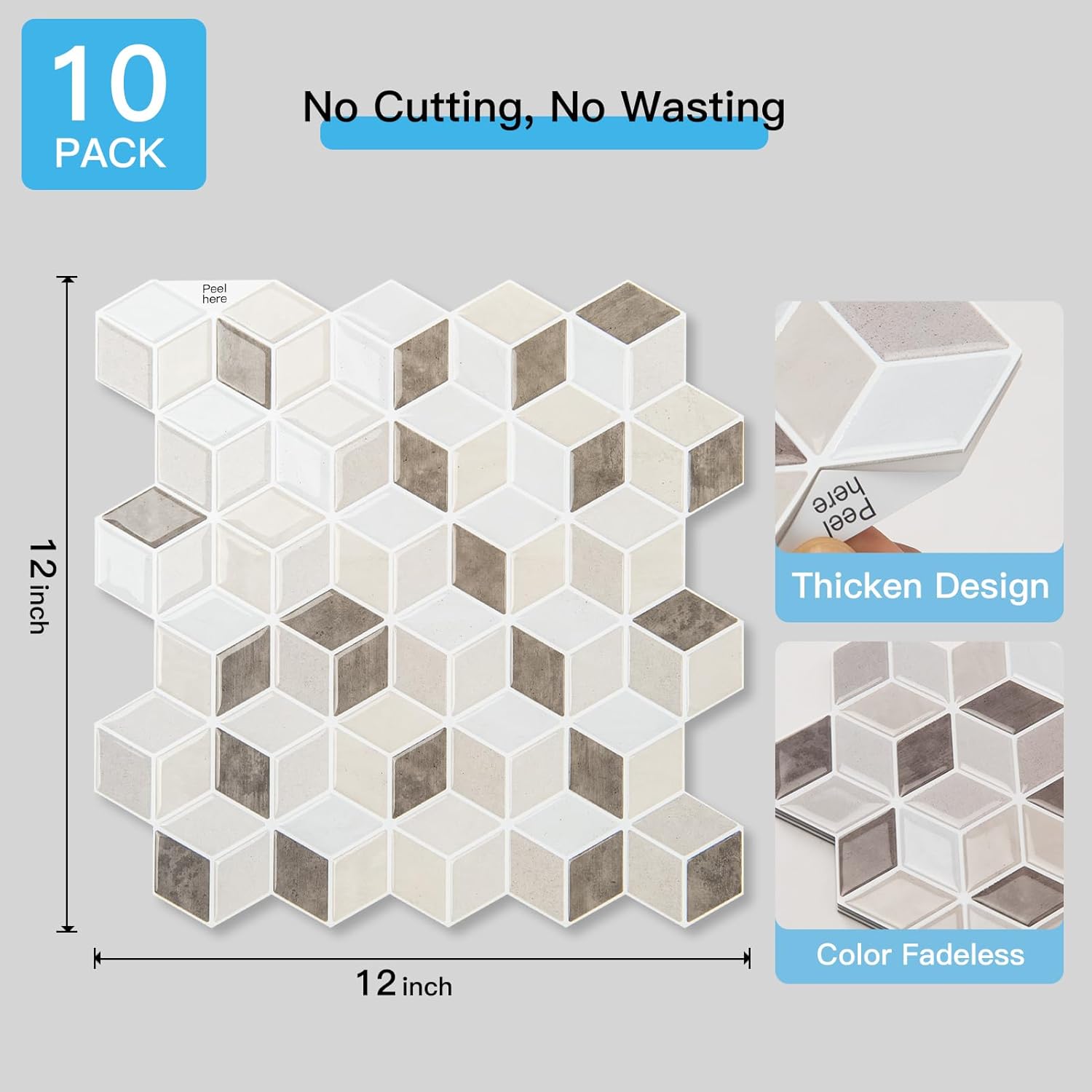 Art3d 10-Sheet Peel and Stick Backsplash Tiles, 12x12 Inch Self-Adhesive 3D Wall Tiles for Kitchen, Bathroom, Countertop - Thickened Waterproof Design (Light Brown)