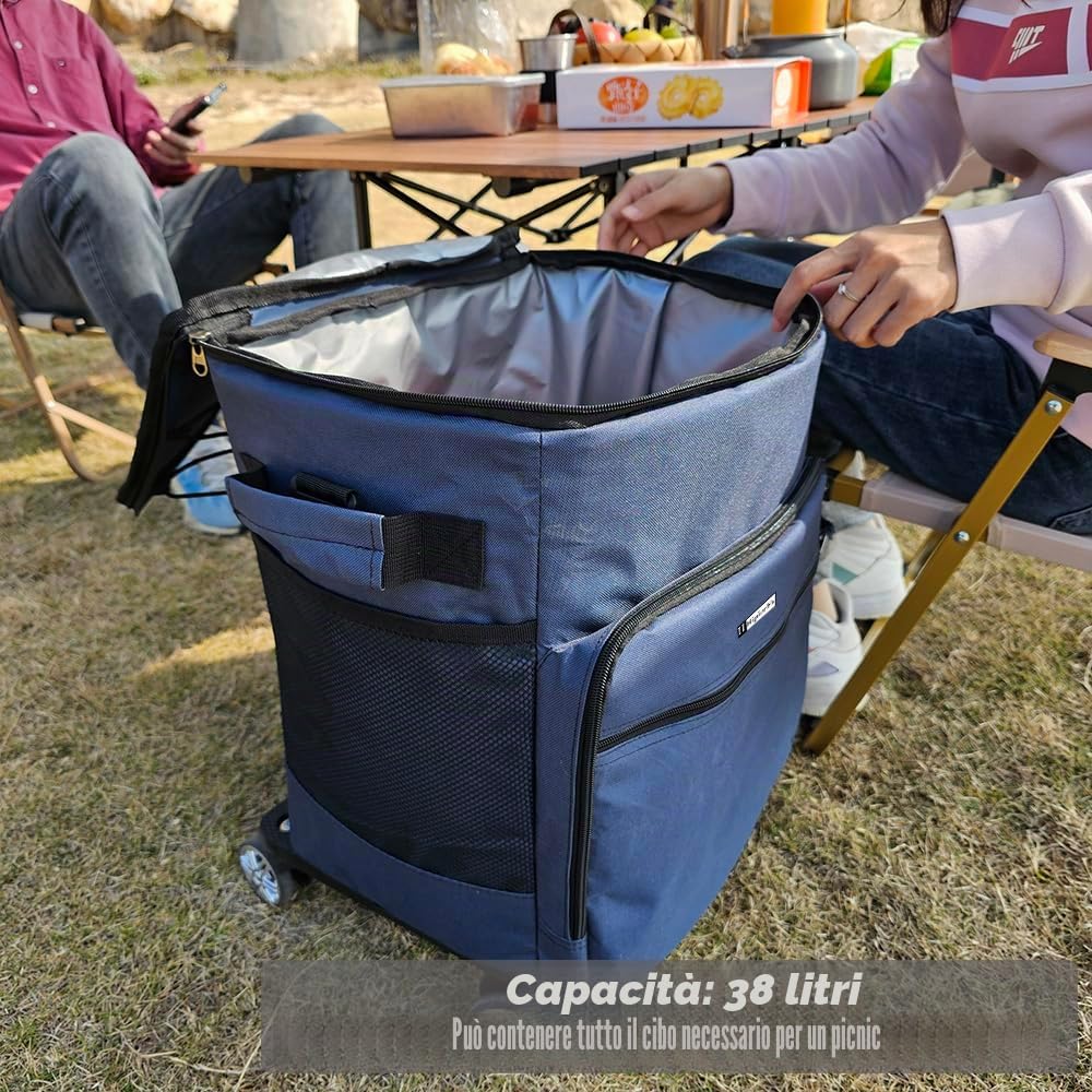 Borsa Frigo Trolley con Ruote 40 Litri Pieghevole Borsa Termica da Picnic per 4-6 Persone